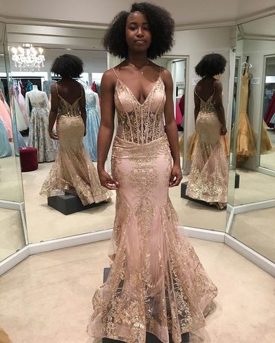 Mermaid Prom Dresses V Neck Lace Formal Evening Dresses