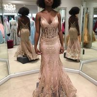 Mermaid Prom Dresses V Neck Lace Formal Evening Dresses - Thumbnail 1