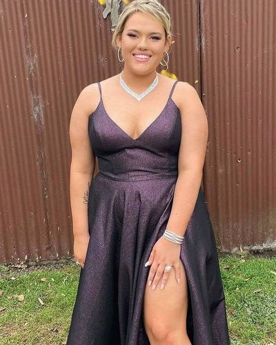 Glitter Plus Size Prom Dresses V Neck Sprkly Satin Purple Evening Dresses with Slit