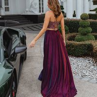 Charming Two Piece Long Prom Dresses Purple Satin Long Formal Dresses with Appliques - Thumbnail 1
