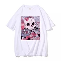 Cute Black Skull Goth Punk Print Cartoon Loose Short Sleeve Short T-shirt Tee Top Summer Casual E-Girl Kawaii Korean Japanese Harajuku Streetwear - Thumbnail 4