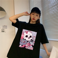 Cute Black Skull Goth Punk Print Cartoon Loose Short Sleeve Short T-shirt Tee Top Summer Casual E-Girl Kawaii Korean Japanese Harajuku Streetwear - Thumbnail 6