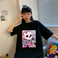 Cute Black Skull Goth Punk Print Cartoon Loose Short Sleeve Short T-shirt Tee Top Summer Casual E-Girl Kawaii Korean Japanese Harajuku Streetwear - Thumbnail 7