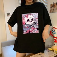 Cute Black Skull Goth Punk Print Cartoon Loose Short Sleeve Short T-shirt Tee Top Summer Casual E-Girl Kawaii Korean Japanese Harajuku Streetwear - Thumbnail 8