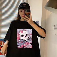 Cute Black Skull Goth Punk Print Cartoon Loose Short Sleeve Short T-shirt Tee Top Summer Casual E-Girl Kawaii Korean Japanese Harajuku Streetwear - Thumbnail 9