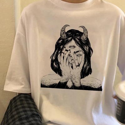Cute scary horror anime girl devil horn goth loose short sleeve short t-shirt tee top summer casual e-girl kawaii korean japanese harajuku streetwear - Thumbnail 3