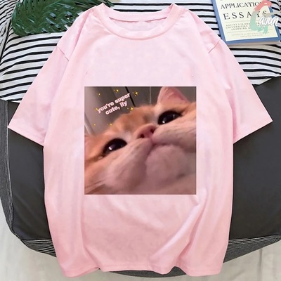 Cute pink funny cat kitten meme cartoon print loose short sleeve short t-shirt tee top summer casual e-girl kawaii korean japanese harajuku streetwear - Thumbnail 4
