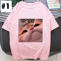 Cute Pink Funny Cat Kitten Meme Cartoon Print Loose Short Sleeve Short T-shirt Tee Top Summer Casual E-Girl Kawaii Korean Japanese Harajuku Streetwear - Thumbnail 2