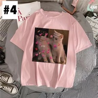 Cute Pink Funny Cat Kitten Meme Cartoon Print Loose Short Sleeve Short T-shirt Tee Top Summer Casual E-Girl Kawaii Korean Japanese Harajuku Streetwear - Thumbnail 5
