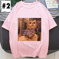 Cute Pink Funny Cat Kitten Meme Cartoon Print Loose Short Sleeve Short T-shirt Tee Top Summer Casual E-Girl Kawaii Korean Japanese Harajuku Streetwear - Thumbnail 3