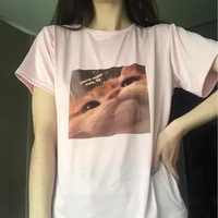 Cute Pink Funny Cat Kitten Meme Cartoon Print Loose Short Sleeve Short T-shirt Tee Top Summer Casual E-Girl Kawaii Korean Japanese Harajuku Streetwear - Thumbnail 8
