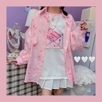Cute Pastel Pink Strawberry Milk Yogurt Drink Blouse Long Sleeve Shirt Button Up Top Summer Casual E-Girl Kawaii Korean Japanese Harajuku Streetwear - Thumbnail 1