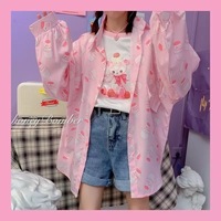 Cute Pastel Pink Strawberry Milk Yogurt Drink Blouse Long Sleeve Shirt Button Up Top Summer Casual E-Girl Kawaii Korean Japanese Harajuku Streetwear - Thumbnail 2