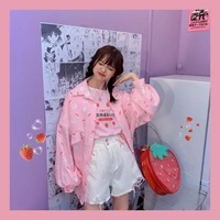 Cute Pastel Pink Strawberry Milk Yogurt Drink Blouse Long Sleeve Shirt Button Up Top Summer Casual E-Girl Kawaii Korean Japanese Harajuku Streetwear - Thumbnail 3
