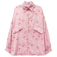 Cute Pastel Pink Strawberry Milk Yogurt Drink Blouse Long Sleeve Shirt Button Up Top Summer Casual E-Girl Kawaii Korean Japanese Harajuku Streetwear - Thumbnail 4