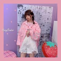 Cute Pastel Pink Strawberry Milk Yogurt Drink Blouse Long Sleeve Shirt Button Up Top Summer Casual E-Girl Kawaii Korean Japanese Harajuku Streetwear - Thumbnail 8