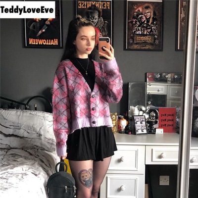 Cute Argyle Print Pink Purple V Neck Sweater Button Sweatshirt Cardigan Pullover Goth Punk Casual E-Girl Kawaii Korean Japanese Harajuku Streetwear