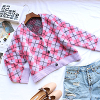 Cute Argyle Print Pink Purple V Neck Sweater Button Sweatshirt Cardigan Pullover Goth Punk Casual E-Girl Kawaii Korean Japanese Harajuku Streetwear - Thumbnail 2