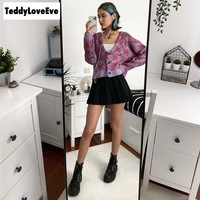 Cute Argyle Print Pink Purple V Neck Sweater Button Sweatshirt Cardigan Pullover Goth Punk Casual E-Girl Kawaii Korean Japanese Harajuku Streetwear - Thumbnail 4