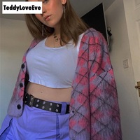 Cute Argyle Print Pink Purple V Neck Sweater Button Sweatshirt Cardigan Pullover Goth Punk Casual E-Girl Kawaii Korean Japanese Harajuku Streetwear - Thumbnail 5