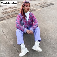 Cute Argyle Print Pink Purple V Neck Sweater Button Sweatshirt Cardigan Pullover Goth Punk Casual E-Girl Kawaii Korean Japanese Harajuku Streetwear - Thumbnail 8