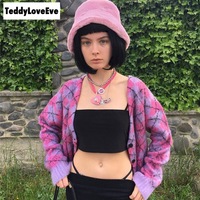 Cute Argyle Print Pink Purple V Neck Sweater Button Sweatshirt Cardigan Pullover Goth Punk Casual E-Girl Kawaii Korean Japanese Harajuku Streetwear - Thumbnail 9