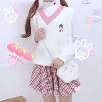 Cute Strawberry Peach Embroidery Knit Vest Sweater Sweatshirt Pullover Long Sleeve Shirt Casual E-Girl Kawaii Korean Japanese Harajuku Streetwear - Thumbnail 4