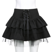 Cute Black Goth Lace Up High Waisted Ruffle Skirt Punk Bandage A-line Lace Trim Tutu Casual E-Girl Kawaii Korean Japanese Harajuku Streetwear - Thumbnail 2