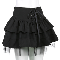 Cute Black Goth Lace Up High Waisted Ruffle Skirt Punk Bandage A-line Lace Trim Tutu Casual E-Girl Kawaii Korean Japanese Harajuku Streetwear - Thumbnail 3