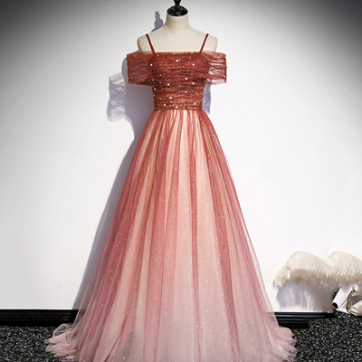 Burgundy tulle long a line prom dress evening dress - Thumbnail 3