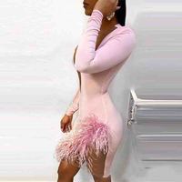 Pink Solid Color V-Neck Long Sleeve Dress - Thumbnail 1