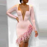 Pink Solid Color V-Neck Long Sleeve Dress - Thumbnail 2