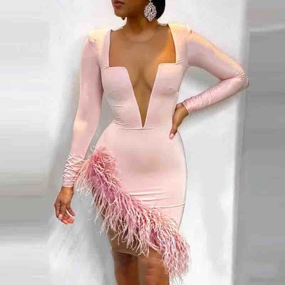 Pink solid color v-neck long sleeve dress - Thumbnail 2