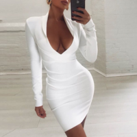 White Long-Sleeved Deep V Tight-Fitting Hip Dress - Thumbnail 3