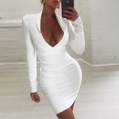 White long-sleeved deep v tight-fitting hip dress