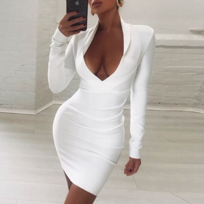 White long-sleeved deep v tight-fitting hip dress - Thumbnail 5