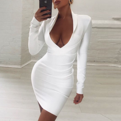 White Long-Sleeved Deep V Tight-Fitting Hip Dress