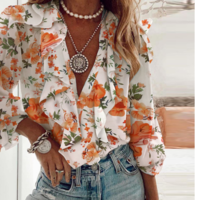 Long-Sleeved Women'S Printed Ruffled Top - Thumbnail 1