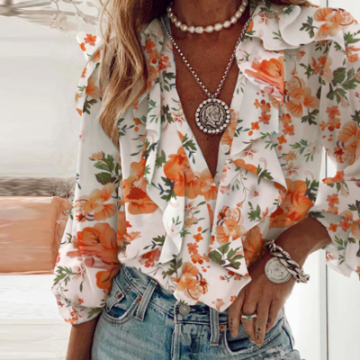 Long-sleeved women's printed ruffled top