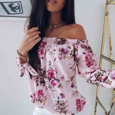 One-Shoulder Long-Sleeved Chiffon Print Top