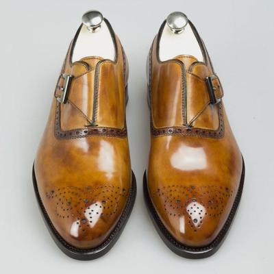 Classic brogue toe monk fastening tan leather shoes handmade limited edition for mens - Thumbnail 2