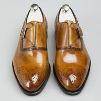 Classic Brogue Toe Monk Fastening Tan Leather Shoes Handmade Limited Edition For Mens - Thumbnail 1