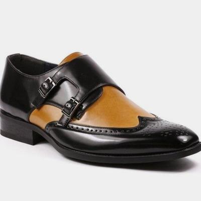 Best two tone double monk strap shoes, leather wingtip brogue formal shoes - Thumbnail 4