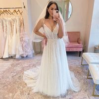 Sparkly Glitter A Line V Neck Straps Sequin White Wedding Dresses - Thumbnail 1