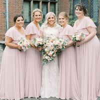 Plus Size A Line V Neck Batwing Sleeves Light Pink Bridesmaid Dresses - Thumbnail 1