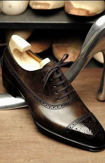 Elegant Dark Brown Cap Toe Brogue Leather Shoes For Men