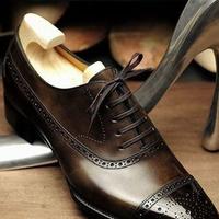 Elegant Dark Brown Cap Toe Brogue Leather Shoes For Men - Thumbnail 1