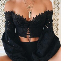 Lace Sexy One-Shoulder Strapless T-Shirt Top - Thumbnail 1