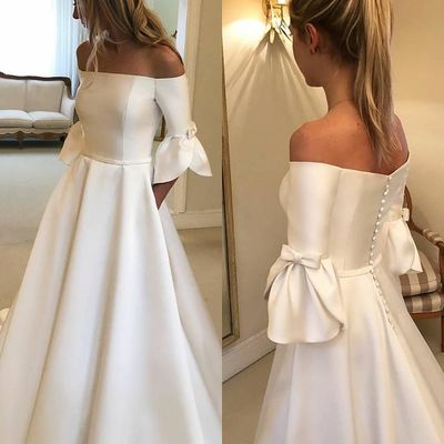 Ball gown off the shoulder half sleeves satin long wedding dresses with pockets