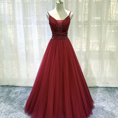 Burgundy tulle beads long a line prom dress evening dress - Thumbnail 3